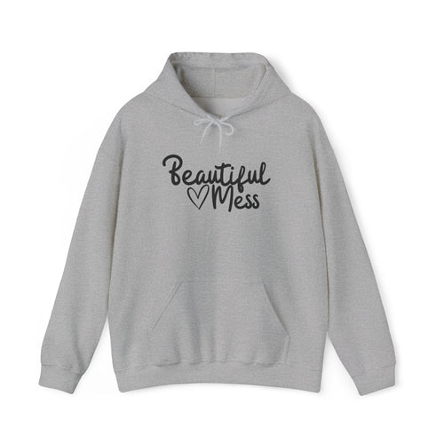 Gray women's hoodie with a graphic design featuring the text "Beautiful Mess" alongside a hand drawn heart, shown on a white background