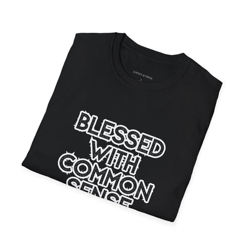 A folded women's black t-shirt with text that reads "Blessed With Common Sense" shown on a white background.