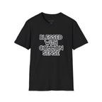 A women's black graphic t-shirt with text that reads "Blessed With Common Sense" in white and black letters, shown on a white background.