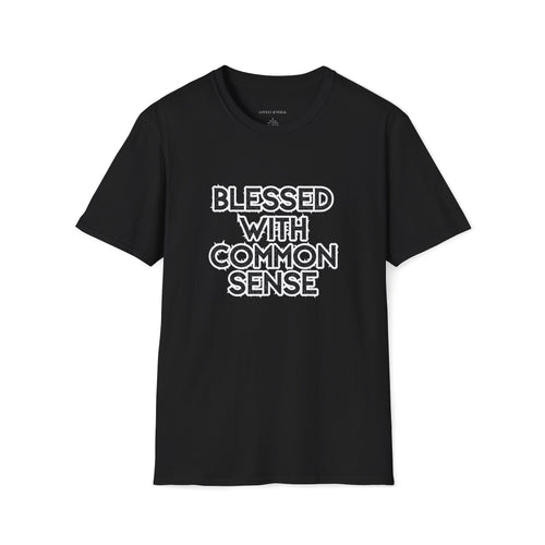 A women's black graphic t-shirt with text that reads "Blessed With Common Sense" in white and black letters, shown on a white background.