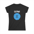 A black short-sleeve crewneck t-shirt featuring a graphic print of the word 'GEMINI' in white above a blue circular emblem containing the Gemini zodiac symbol.