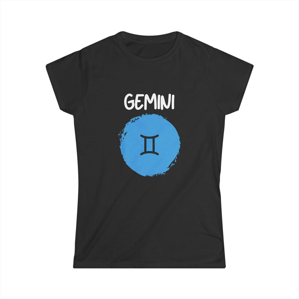 A black short-sleeve crewneck t-shirt featuring a graphic print of the word 'GEMINI' in white above a blue circular emblem containing the Gemini zodiac symbol.