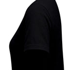 Close-up side view of a black short-sleeve t-shirt on a white background.