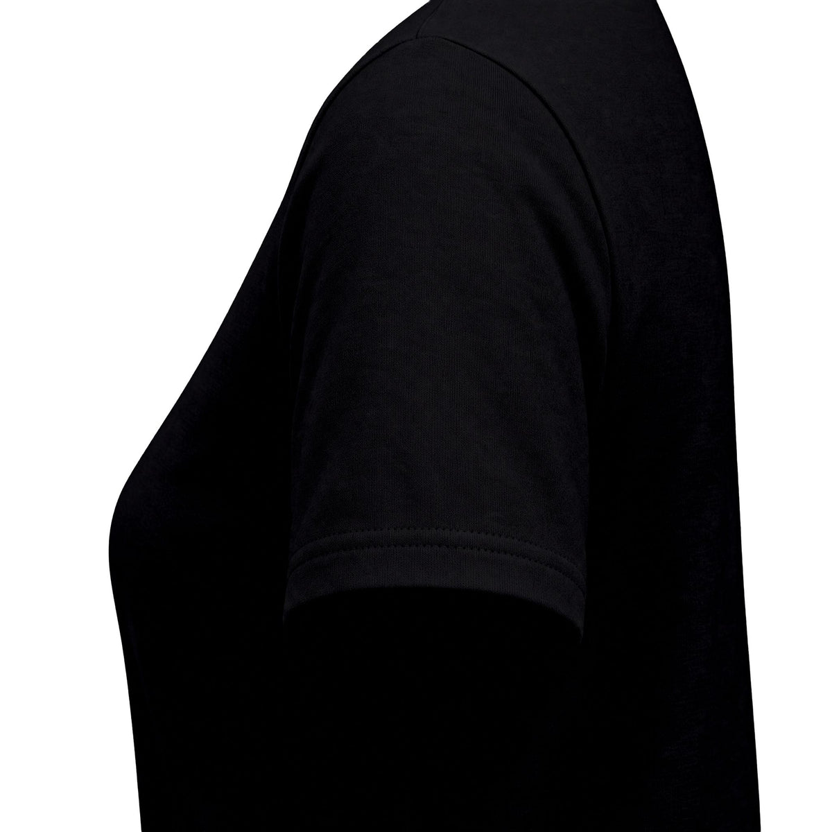 Close-up side view of a black short-sleeve t-shirt on a white background.
