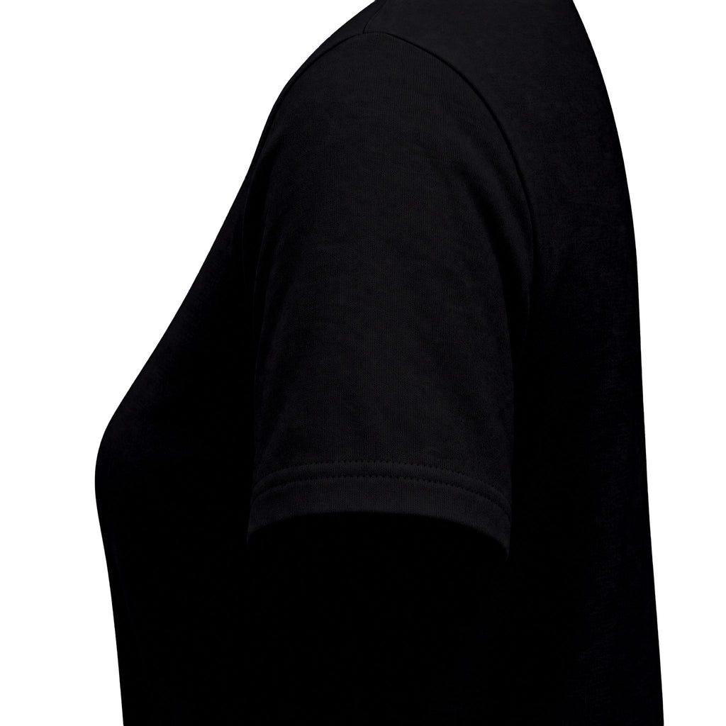 Close-up side view of a black short-sleeve t-shirt on a white background.