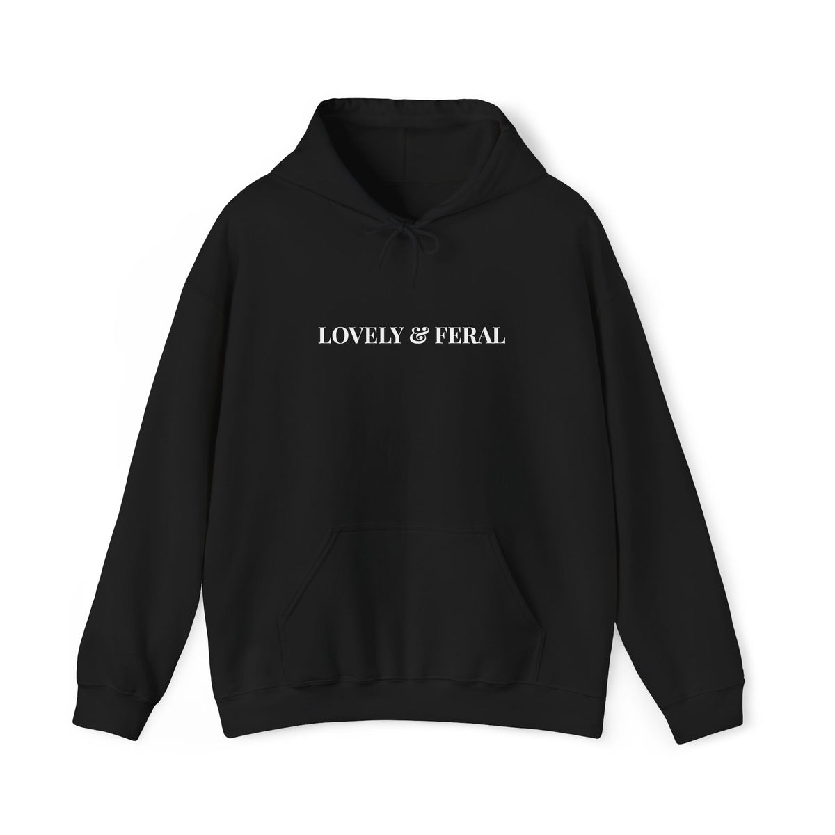 A black pullover hoodie with a front graphic featuring 'LOVELY & FERAL' text in white, shown on a plain white background.