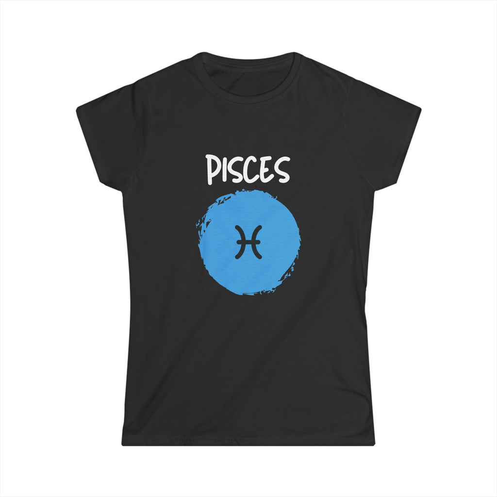 A black short-sleeve crewneck t-shirt featuring a graphic print of a blue textured circle with a black Pisces zodiac symbol and the word 'PISCES' in white above it, displayed on a solid white background.