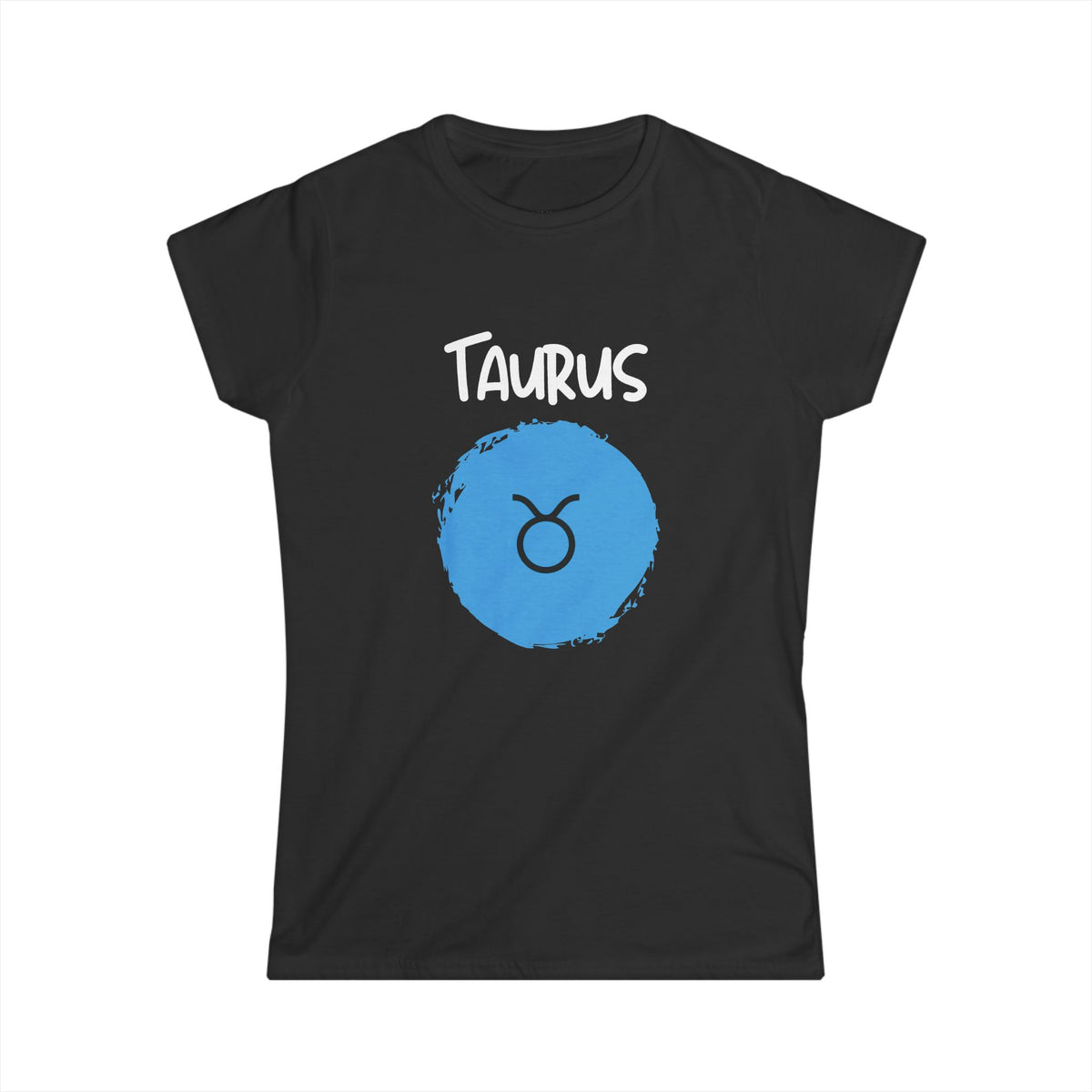 A black short-sleeve crewneck t-shirt featuring a graphic print of the word 'TAURUS' in white above a textured blue circle containing the Taurus zodiac symbol.